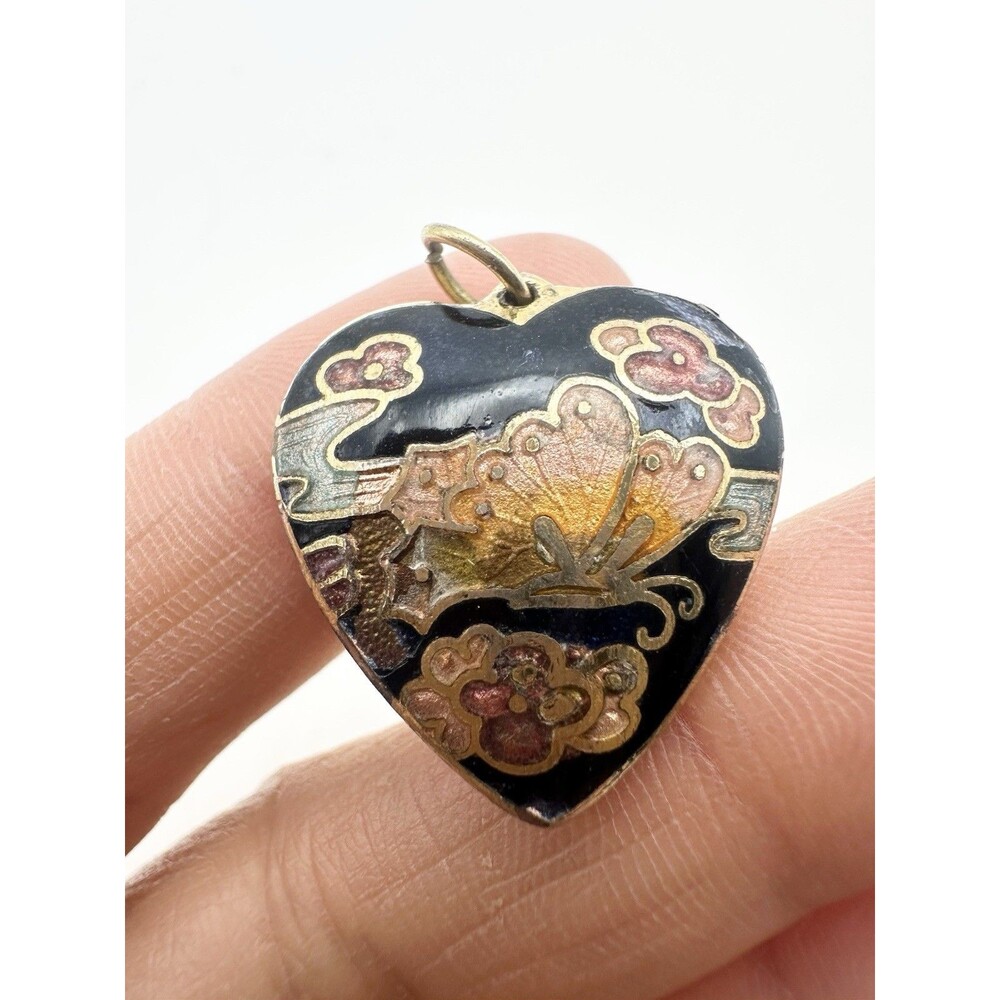 VINTAGE COLORFUL CLOISONNE ENAMEL PUFFY HEART BUTTERFLY PENDANT